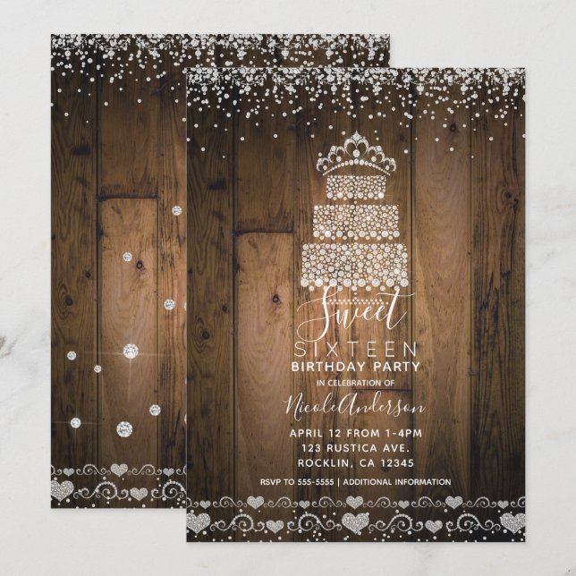 Glam Diamond Bling Cake Tiara Wood Sweet 16 Party Invitation (Front/Back)