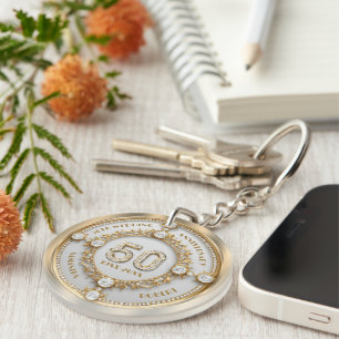 Glam Diamond & Gold Frame 50th Wedding Anniversary Keychain