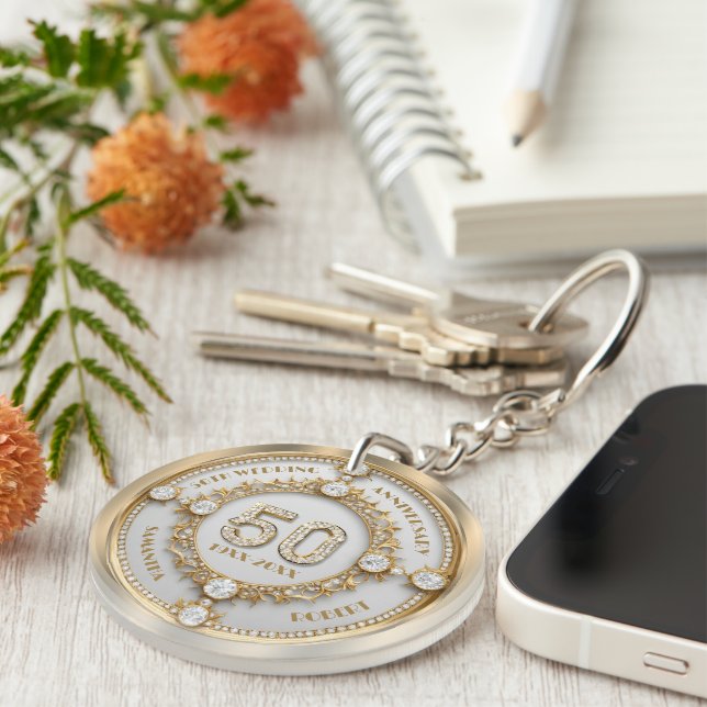 Glam Diamond & Gold Frame 50th Wedding Anniversary Keychain (Front Right)