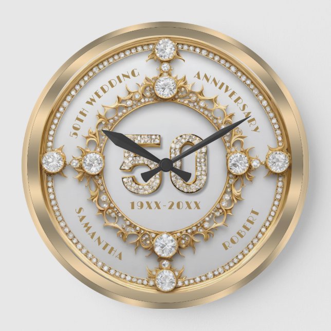 Glam Diamond & Gold Frame 50th Wedding Anniversary Large Clock (Front)