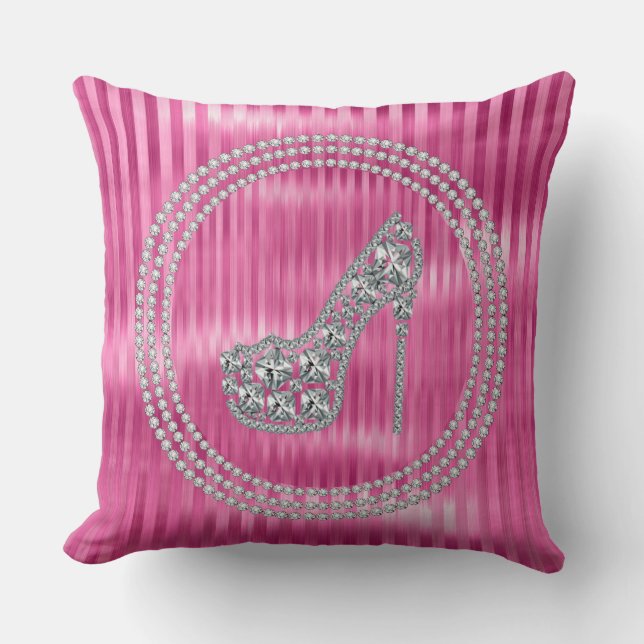 Glam Diamond Stiletto Shoe On Hot Pink Throw Pillow (Front)