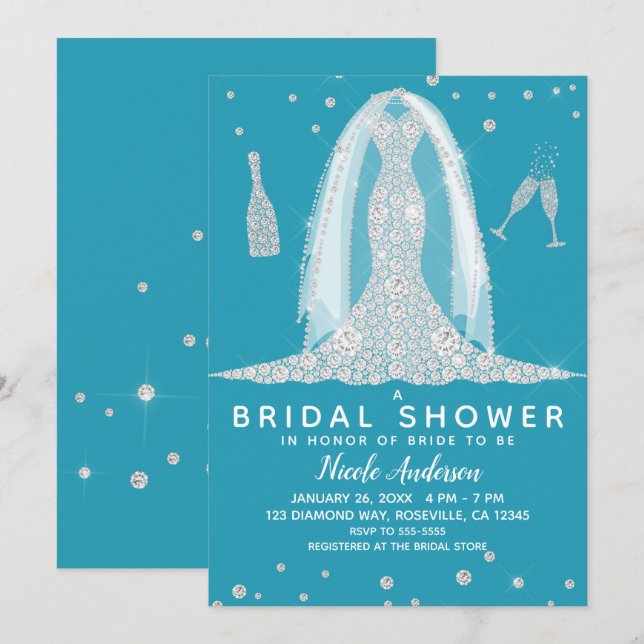 Glam Diamond Wedding Dress Teal Bridal Shower Invitation (Front/Back)