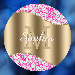 Glam Diamonds Fuchsia, Gold Monogram, Script Name Classic Round Sticker