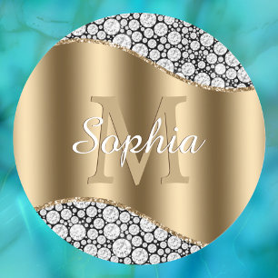 Glam Diamonds, Large Gold Monogram, White Name  Classic Round Sticker