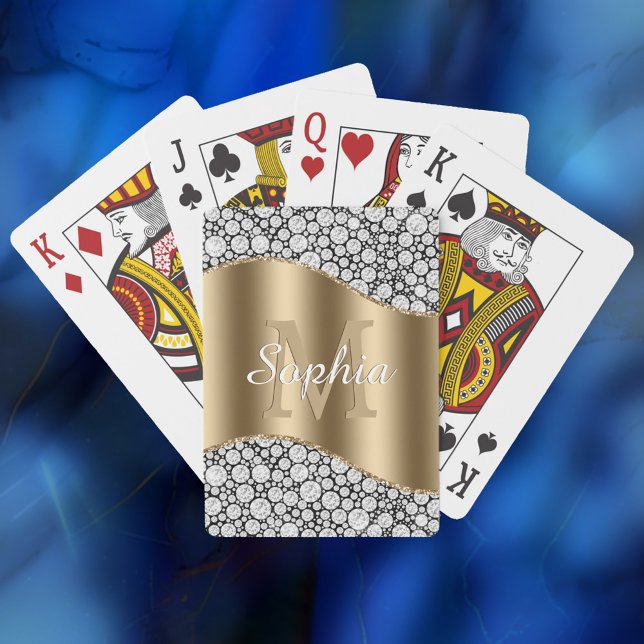 Glam Diamonds on Black, Gold Monogram, Script Name Playing Cards (Creator Uploaded)