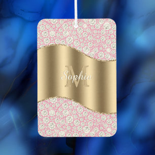 Glam Diamonds on Pink, Gold Monogram, Script Name Air Freshener