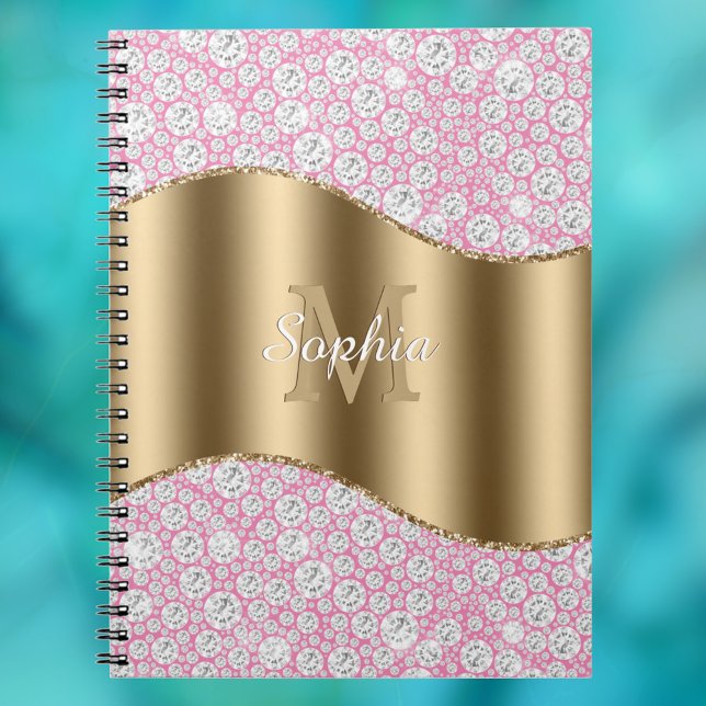Glam Diamonds on Pink, Gold Monogram, Script Name Notebook (Creator Uploaded)