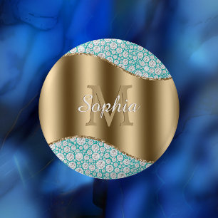 Glam Diamonds on Teal, Gold Monogram, Script Name 1 Inch Round Button