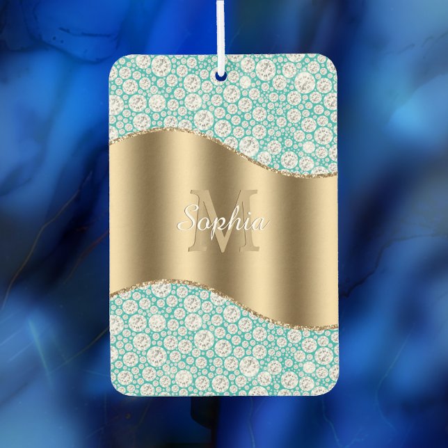 Glam Diamonds on Teal, Gold Monogram, Script Name Air Freshener (Creator Uploaded)