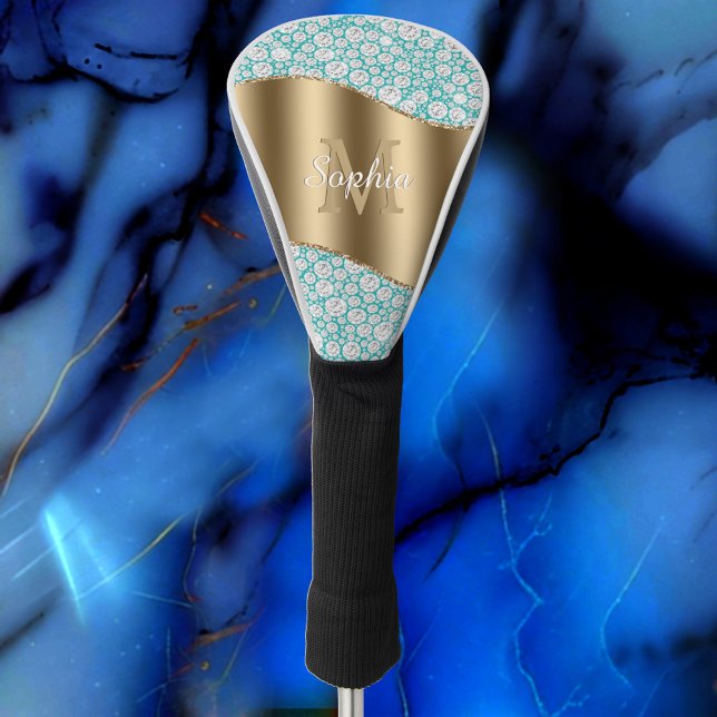 Glam Diamonds on Teal, Gold Monogram, Script Name Golf Head Cover (Creator Uploaded)