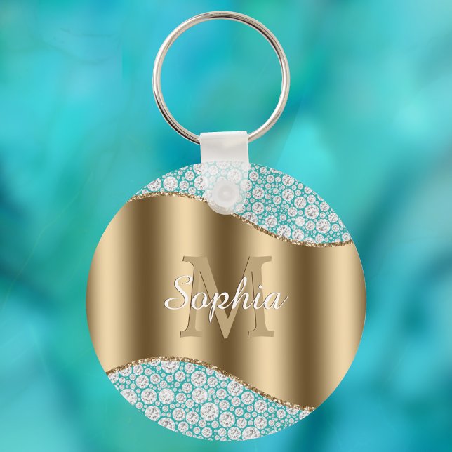 Glam Diamonds on Teal, Gold Monogram, Script Name Keychain (Creator Uploaded)