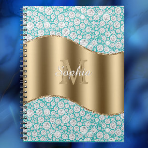 Glam Diamonds on Teal, Gold Monogram, Script Name Notebook