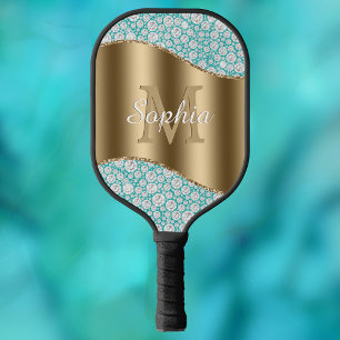 Glam Diamonds on Teal, Gold Monogram, Script Name Pickleball Paddle
