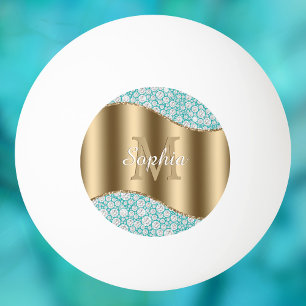 Glam Diamonds on Teal, Gold Monogram, Script Name Ping Pong Ball