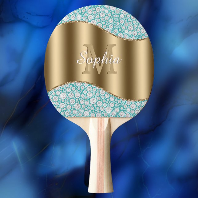 Glam Diamonds on Teal, Gold Monogram, Script Name Ping Pong Paddle (Creator Uploaded)