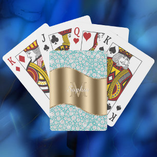 Glam Diamonds on Teal, Gold Monogram, Script Name Playing Cards