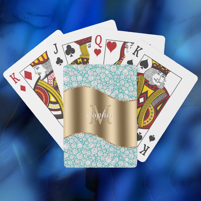 Glam Diamonds on Teal, Gold Monogram, Script Name Playing Cards (Creator Uploaded)