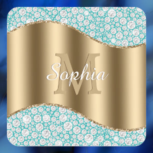 Glam Diamonds on Teal, Gold Monogram, Script Name Square Sticker