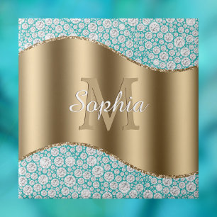 Glam Diamonds on Teal, Gold Monogram, Script Name Tile