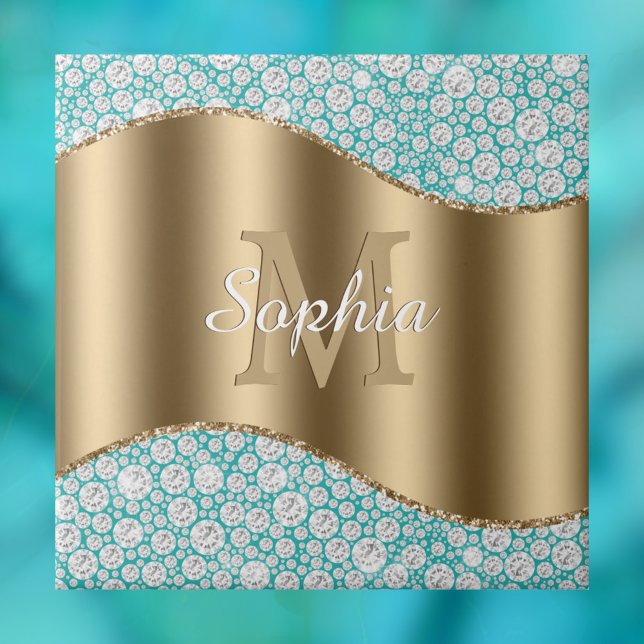 Glam Diamonds on Teal, Gold Monogram, Script Name Tile (Creator Uploaded)