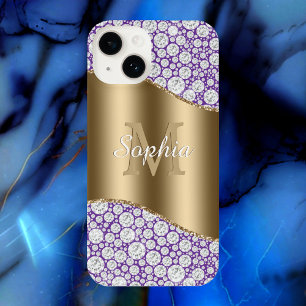 Glam Diamonds Purple, Gold Monogram, Script Name iPhone 14 Case