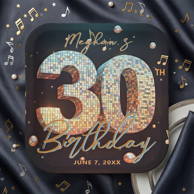 Glam Disco Ball Music Notes 30th Birthday Party Paper Plate (Creator Uploaded)