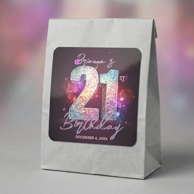Glam Disco Ball Musical Notes Pink 21st Birthday Square Sticker (Creator Uploaded)