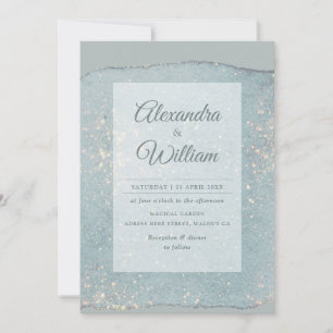 Glam Dusty Blue Glitter Modern Pastel Blue Gold Invitation