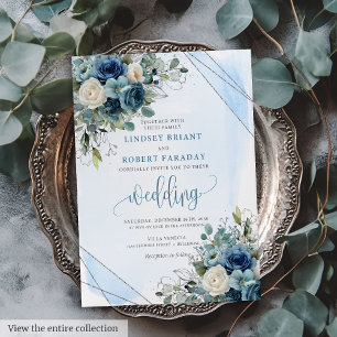 Glam Dusty Blue Silver Frame Faire-part de mariage