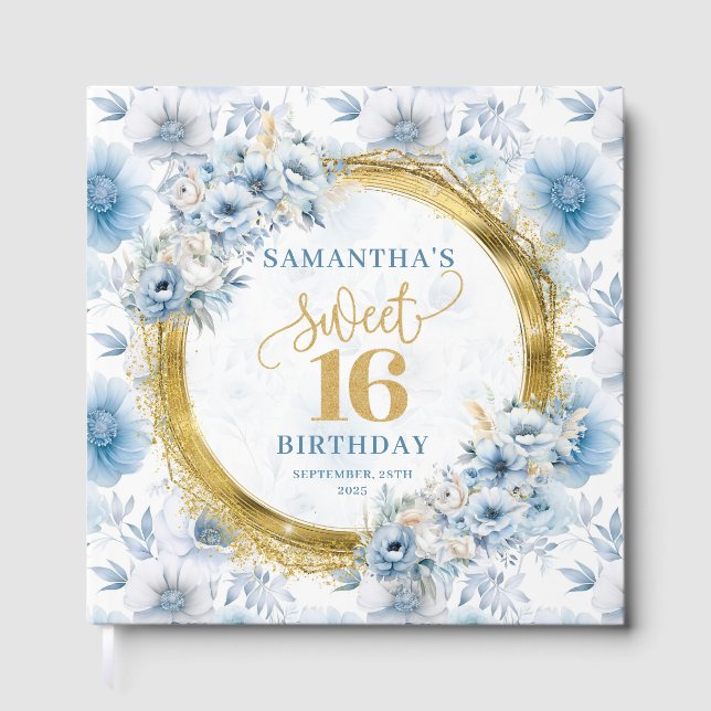 Glam Dusty Blue Sweet 16 Guest Book with Glitter (Front)