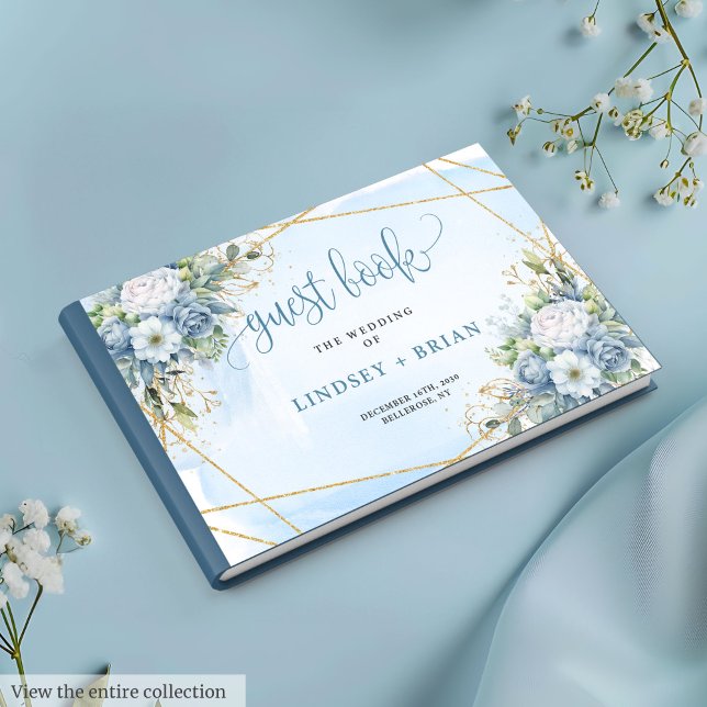 Glam Dusty Blue White Gold Flowers Livre d'or (Glam Dusty Blue White Gold Flowers Guest Book)