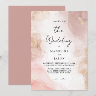 Glam Dusty Pink Watercolor Gold Fluid Ink Wedding Invitation