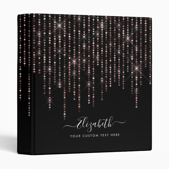 Glam Elegant Black Rose Gold Glitter Sparkle Rain Binder (Front/Spine)