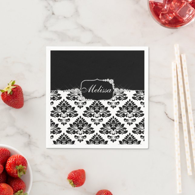 Glam Elegant Black White Damask Diamonds Bath Mat Napkin (Insitu)