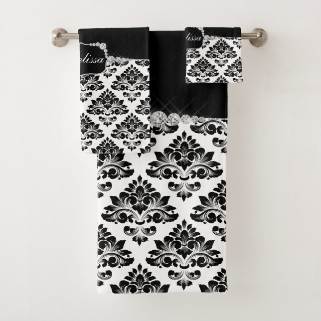 Glam Elegant Black White Damask Diamonds Bath Towel Set (Insitu)