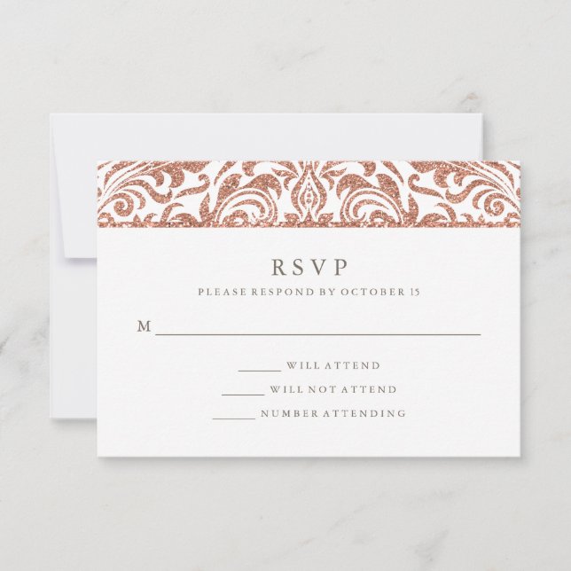 Glam Elegant Faux Rose Gold Glitter Damask RSVP (Front)