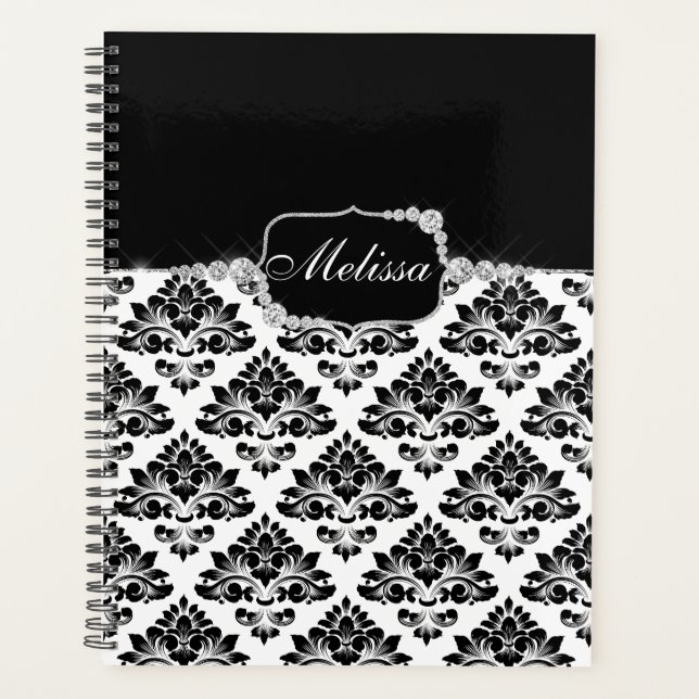 Glam Elegant noir blanc Damas Diamants Bain Mat (Devant)