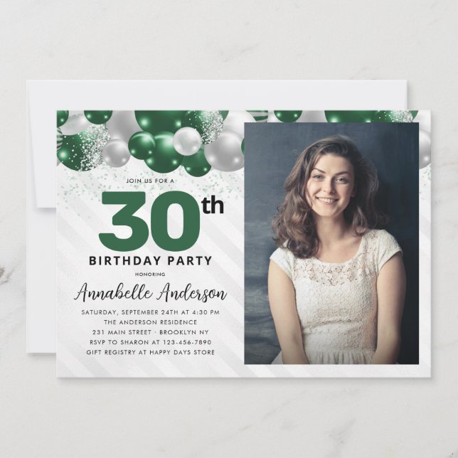 Glam Emerald Green Balloon Glitter Photo Birthday Invitation (Front)