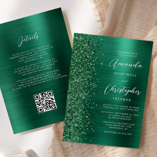 Glam Emerald Green Brushed Metal QR Code Wedding Invitation