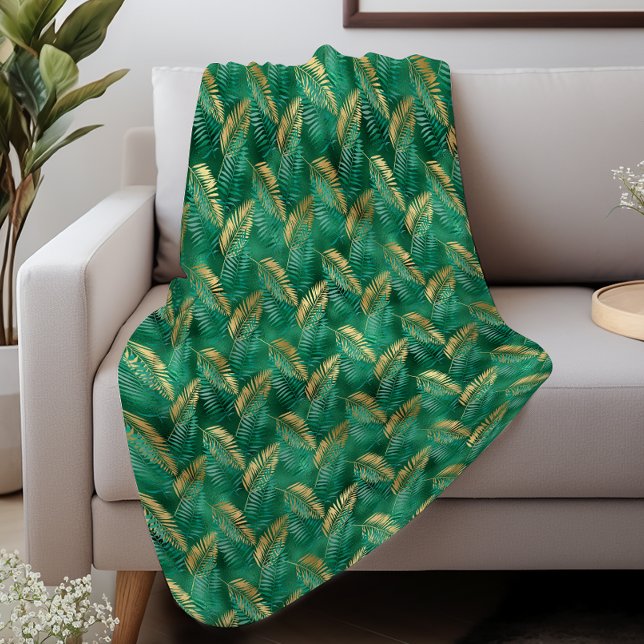 Glam Emerald Green Gold Tropical Foliage Sherpa Blanket (Creator Uploaded)