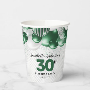 Glam Emerald Green Silver Balloon Glitter Birthday Paper Cups