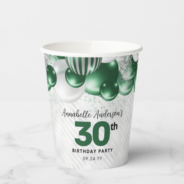Glam Emerald Green Silver Balloon Glitter Birthday Paper Cups (Left)