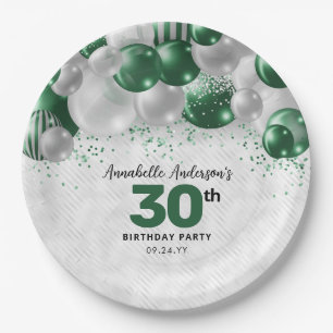 Glam Emerald Green Silver Balloon Glitter Birthday Paper Plate