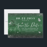 Glam Emerald Green Silver Glitter Gown Quinceanera Save The Date<br><div class="desc">Modern Emerald Green Silver Grey Princess Gown Dress Glitter Sparkle Butterfly 15th Birthday Quinceanera Save the Date Invitation</div>