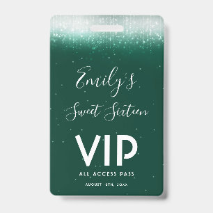 Glam Emerald Sweet 16 Invitation VIP Pass Badge