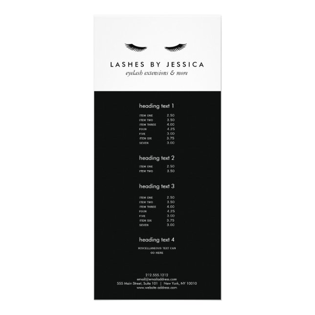 Glam Eyelashes Black and White Rack Card (Front)