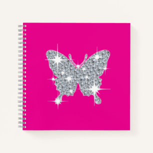 Glam faux diamond sparkle butterfly on hot pink notebook