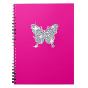 Glam faux diamond sparkle butterfly on hot pink notebook
