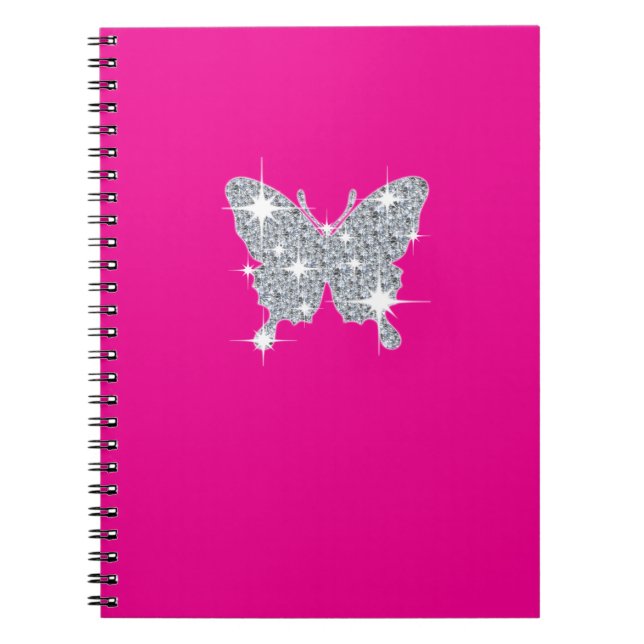 Glam faux diamond sparkle butterfly on hot pink notebook (Front)