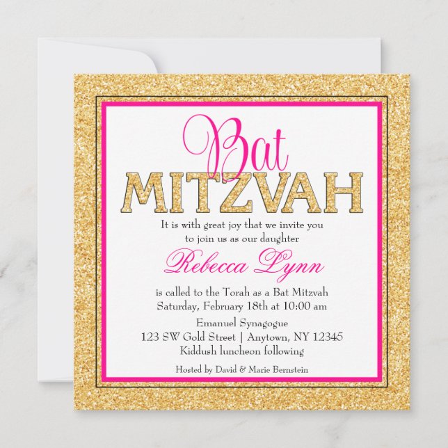 Glam Faux Glitter Gold Pink Bat Mitzvah Invitation (Front)